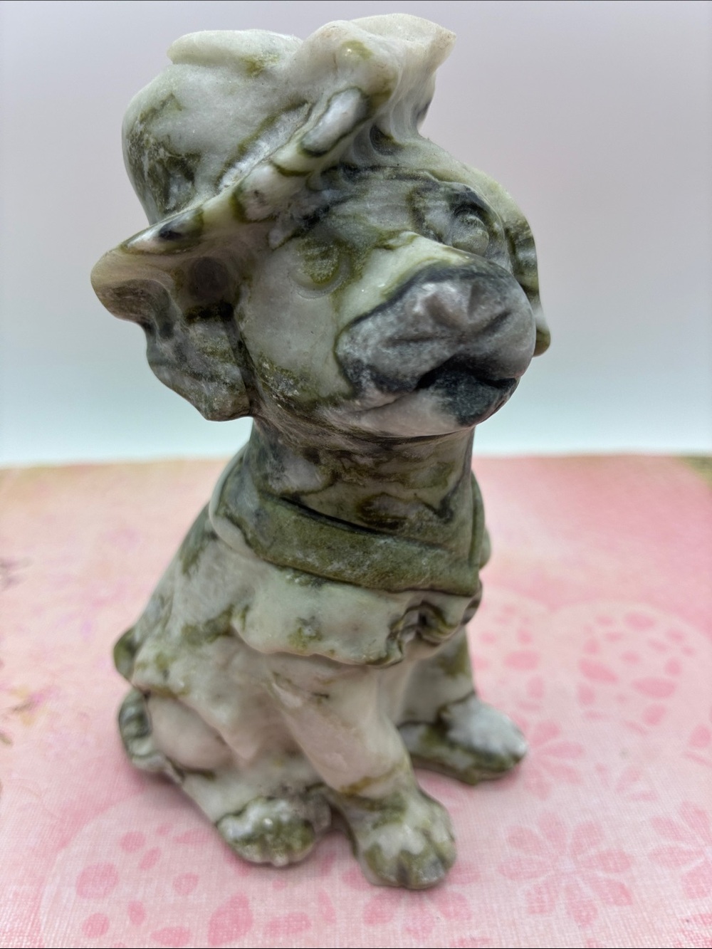 Marbled Green and White Jade Sitting Dog Figurine Rock